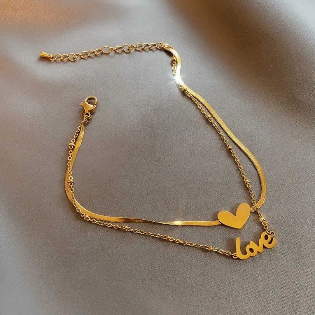 Two chain love and heart shaped gold plated anklet or payal