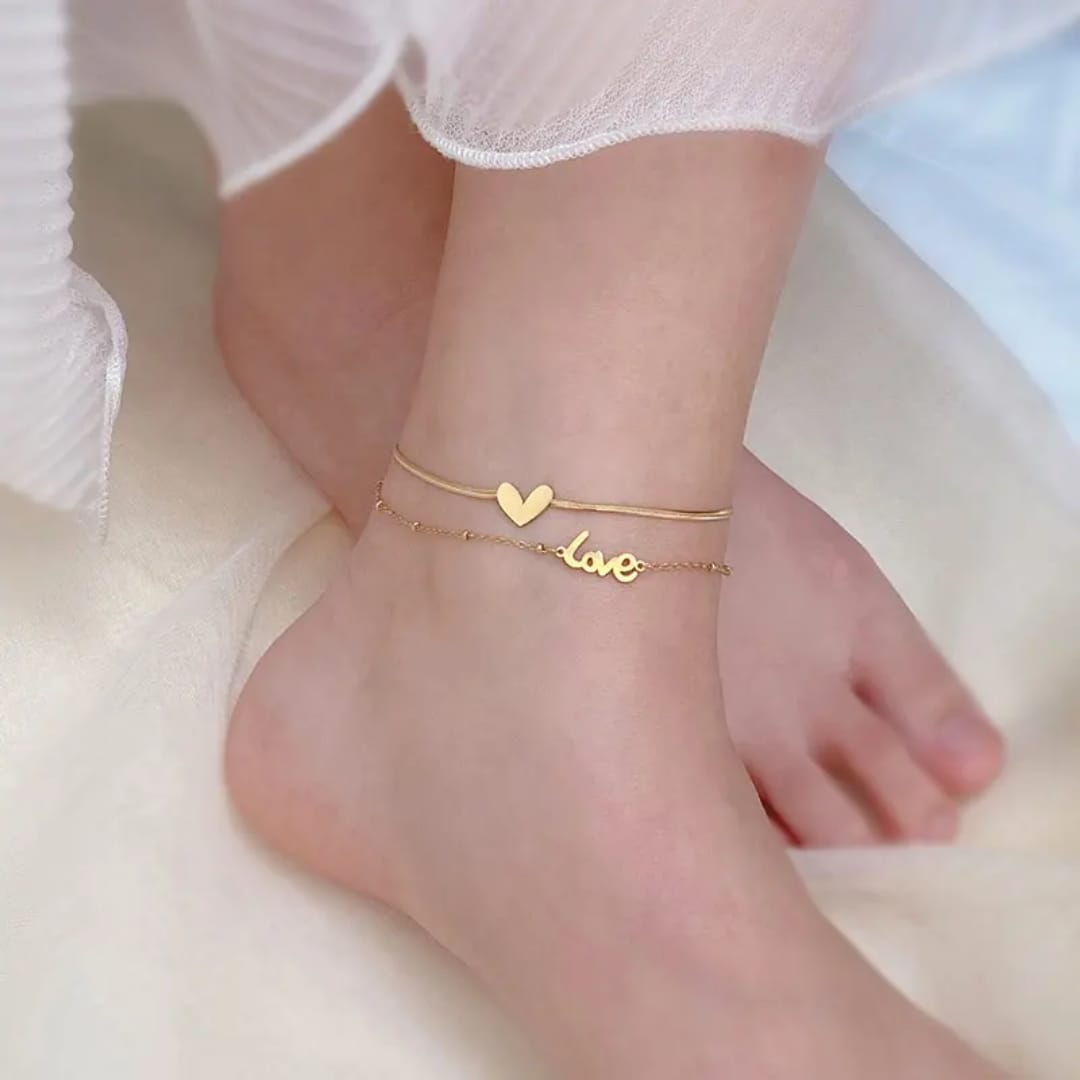 Two chain love and heart shaped gold plated anklet or payal