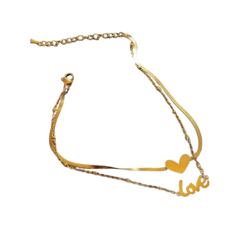Two chain love and heart shaped gold plated anklet or payal