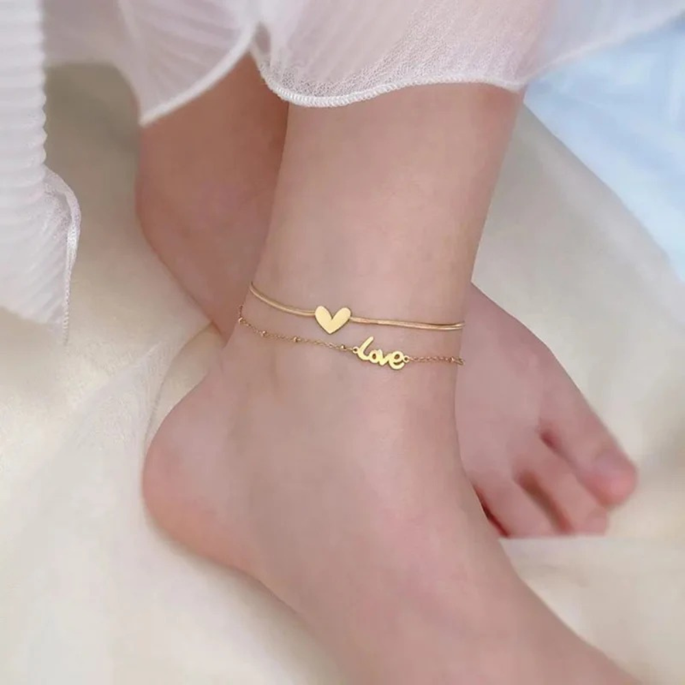 Two chain love and heart shaped gold plated anklet or payal